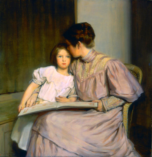 Painting of Victorian-era mother and daughter