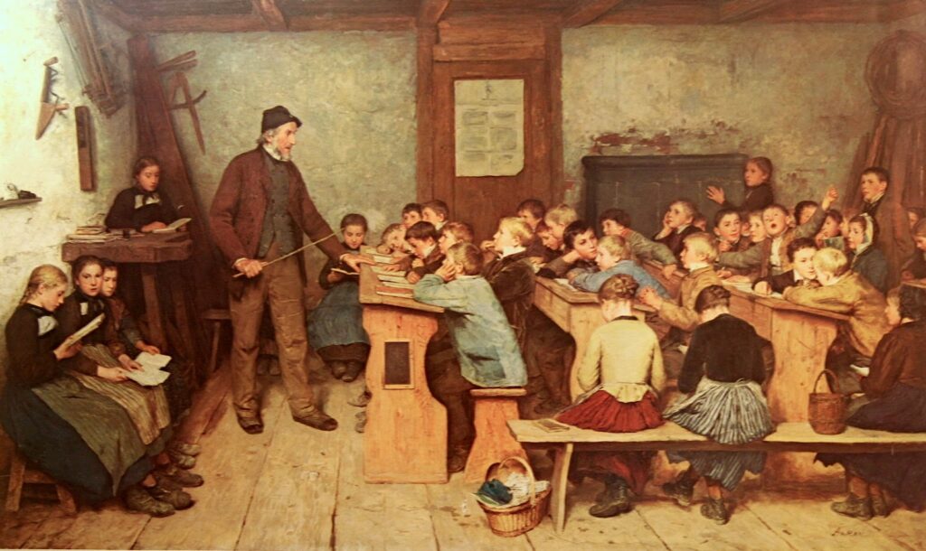 Painting of a teacher in front of a classroom